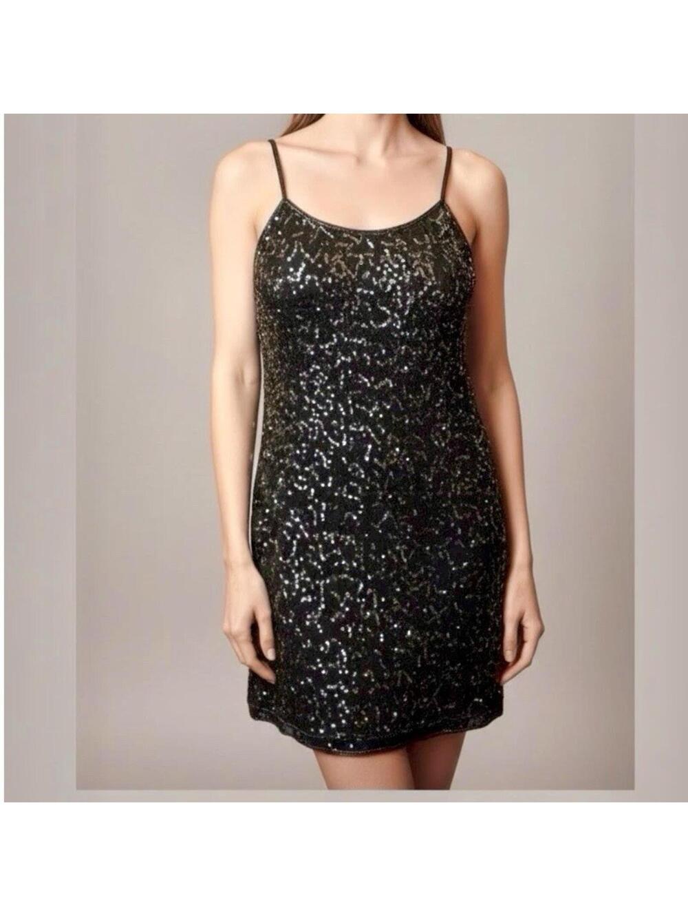 Designer 100% Silk Sequin Knee Length Cocktail Evening Dress Sz M Black Vintage